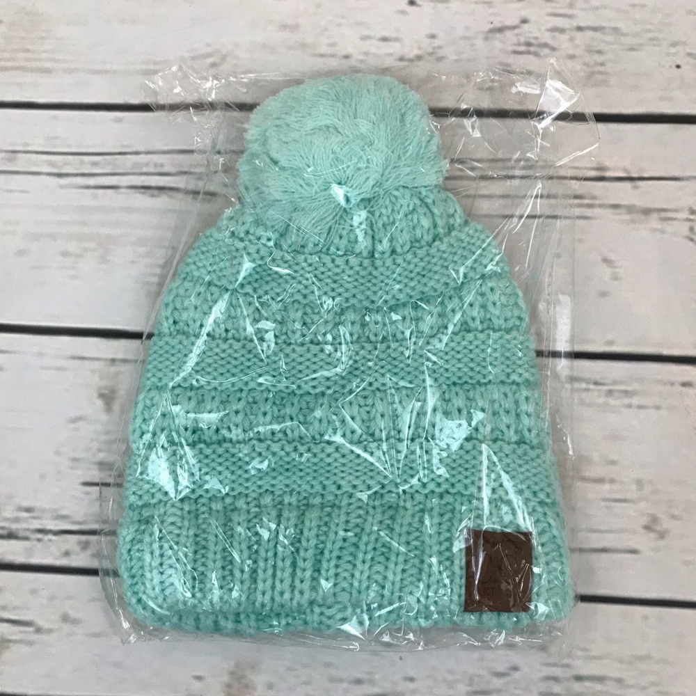 Kids Mint Green Cable Knit Pom Pom Beanie - Picture 5 of 5